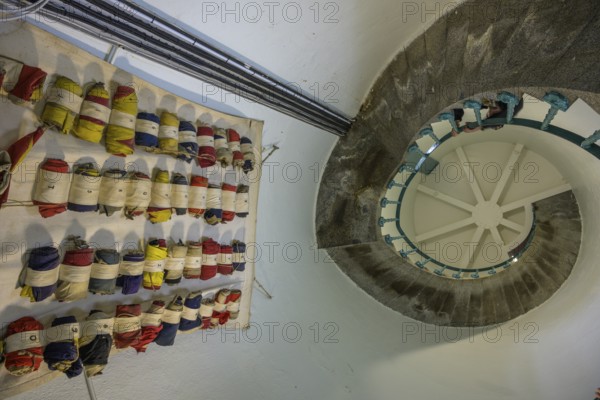 Spiral staircase and signal flags in Fanad Head Lighthouse, Fanad, County Donegal, Ireland