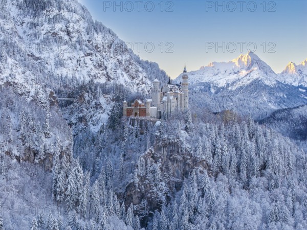Neuschwanstein Castle against a wintry alpine backdrop in early morning light, Schwangau near Füssen, Ostallgäu, Allgäu, Bavaria, Germany