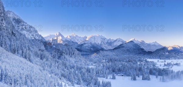 Snowy mountain landscape with a thick forest under a clear blue sky, Neuschwanstein Castle, Schwangau near Füssen, Ostallgäu, Allgäu, Bavaria, Germany