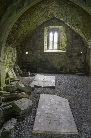 Gravestone lying on the ground in the ruins of Sligo Abbey (Dominican) founded 1253, Sligo, County Sligo, Ireland