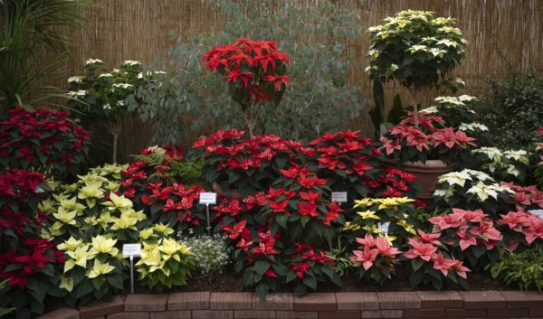 Various blossoms of poinsettia, flower, (Euphorbia pucherrima) Greenhouse, Wilhelma, Zoological-Botanical Garden, Stuttgart, Baden-Württemberg, Germany