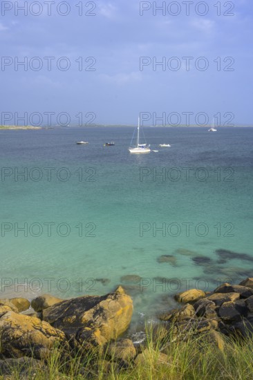 Sailing ship on Gurteen Beach, Roundstone, County Galway, Ireland