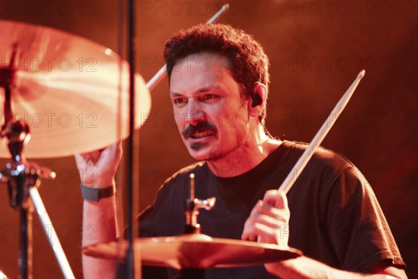 Labros G., drummer from 1000mods, live at Huxleys Neue Welt in Berlin on 03.12.2025