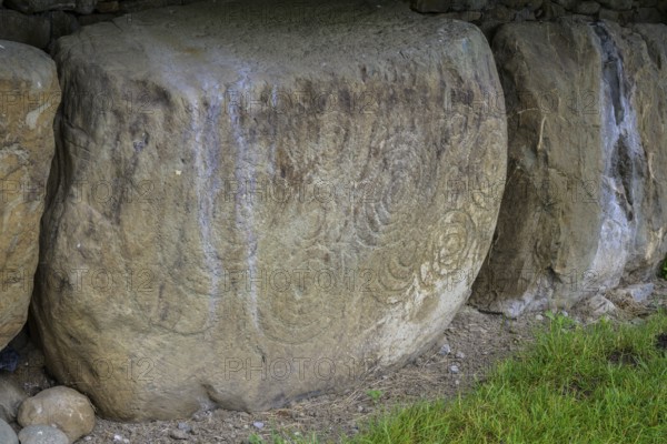 Decorated wall stone at the Knowth megalithic complex, Mellifont, County Meath, Ireland