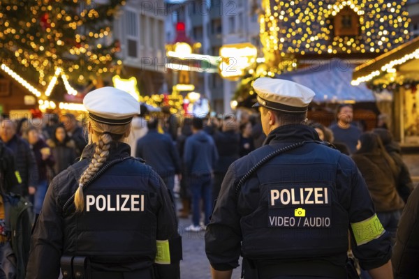 Two policemen patrol the Frankfurt Christmas market, Römerberg, Frankfurt am Main, Hesse, Germany
