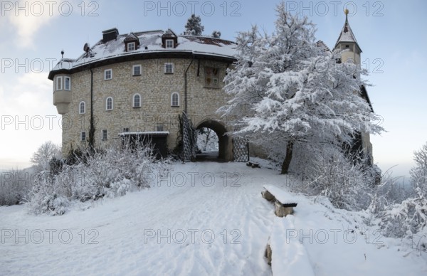 Sunrise over the snow-covered Teck Castle. Baden-Württemberg, Germany