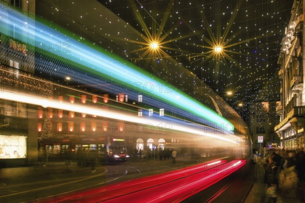 Trams of light on Zurich's Paradeplatz, Lucy Christmas Lights, Zürich, Canton of Zurich, Switzerland