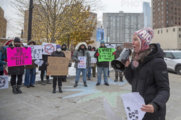 Detroit, Michigan - Residents picket DTE Energy, opposing the electric utility's plan to provide power for a proposed $7 billion data center in rural Michigan. They fear that it could raise residential electricity rates and endanger the water supply