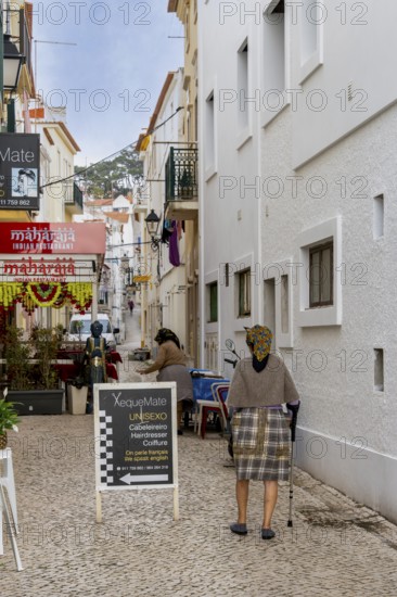 Typical Mediterranean architecture with small narrow streets and streets, Nazare, Portugal