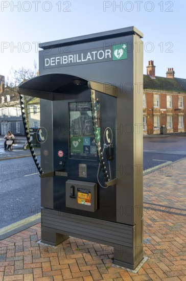JCDecaux modern public access defibrillator station kiosk communication hub, town centre of Ipswich, Suffolk, England, UK