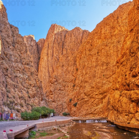 Spectacular rock gorge with road and small stream under blue sky, Todra Gorge in Morocco