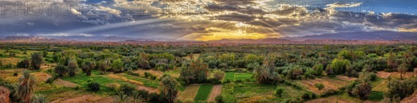 Wide green oasis landscape under a dramatic sunset sky with clouds, Tinghir in Morocco