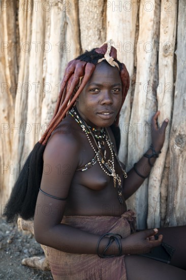 Portrait, Himba woman, traditional Himba village, Kaokoveld, Kunene, Namibia