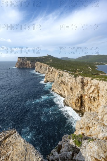 View of steep cliffs by the sea, coastal landscape, cliffs on the Capo Caccia headland, Alghero, Sardinia, Italy