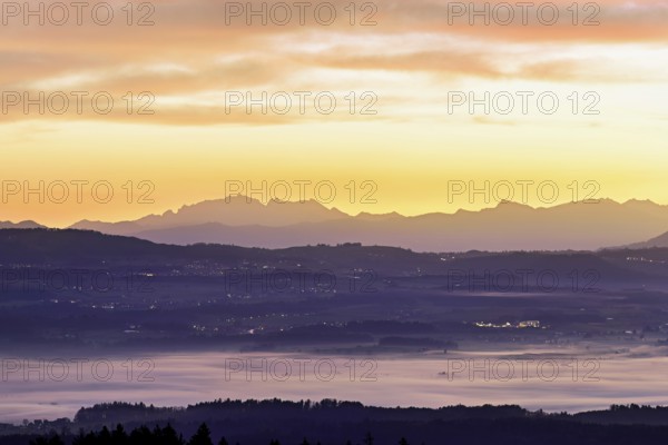View from Horben of the Reuss Valley covered in fog, behind it the Alpstein with the Säntis in the light of the rising sun, Beinwil-Freiamt, Canton, Aargau, Switzerland