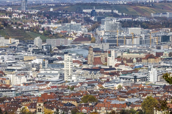 View from Santiago de Chile Square of the city center of the state capital Stuttgart with buildings, architecture and sights. Stuttgart, Baden-Württemberg, Germany