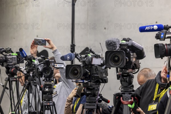 Cameras from various television stations are prepared for a press conference. Stuttgart, Baden-Württemberg, Germany