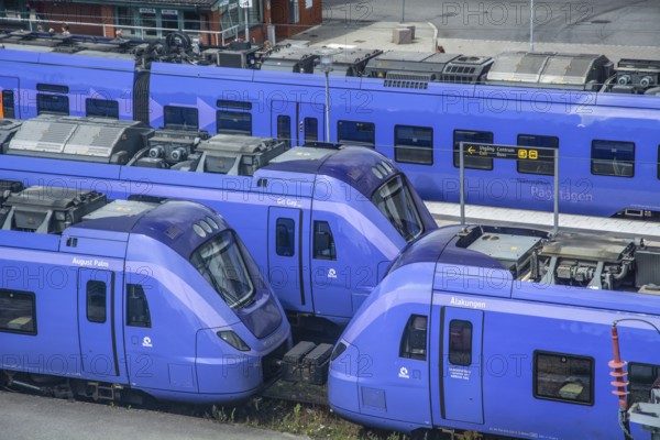 Parked trains at the railway station in Ystad, Skåne County, Sweden, Scandinavia
