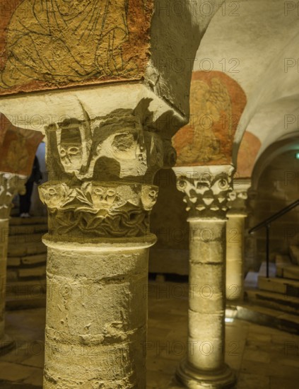 Romanesque cross vault with Corinthian capitals in the cathedral crypt, Bayeux, Calvados department, France