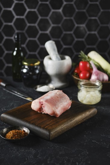 A raw rabbit saddle loin on a wooden cutting board in a kitchen setting. Fresh vegetables and spices surround it, providing a vibrant backdrop. The scene captures the essence of culinary preparation