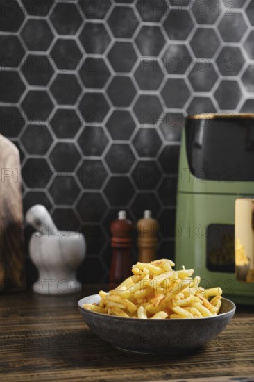 Freshly cooked golden fries are piled in a rustic bowl placed on a wooden kitchen counter. A stylish air fryer and seasonings are on background