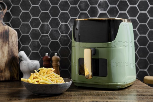 A sleek air fryer is on a wooden countertop in a contemporary kitchen. A bowl of golden, crispy fries is placed next to the air fryer, showcasing a delicious meal preparation