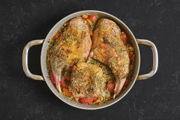 Two rabbit hind legs and a saddle are seasoned with herbs and spices, placed on a bed of colorful vegetables in a pan. The dish is ready to be cooked, showcasing vibrant ingredients and rich textures
