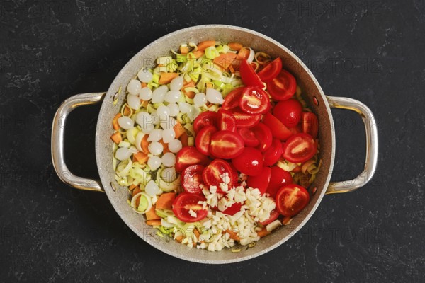 Fresh vegetables including tomatoes, leeks, and carrots are chopped and arranged in a cooking pot