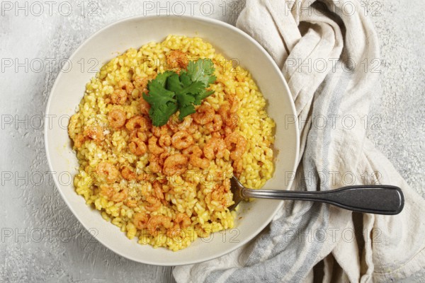 Risotto with shrimp, in a bowl, on a textured surface, with a side dish of fresh coriander, homemade, no people