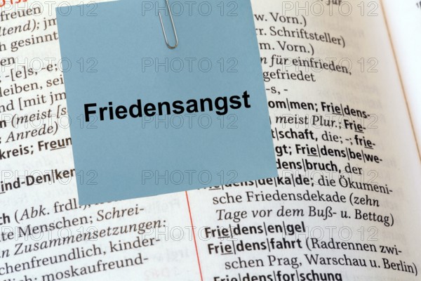 (photo montage) Notes with the inscription FEAR OF PEACE in front of a duden***The term has recently been used in several articles in connection with US President Donald Trump's peace plan for Ukraine