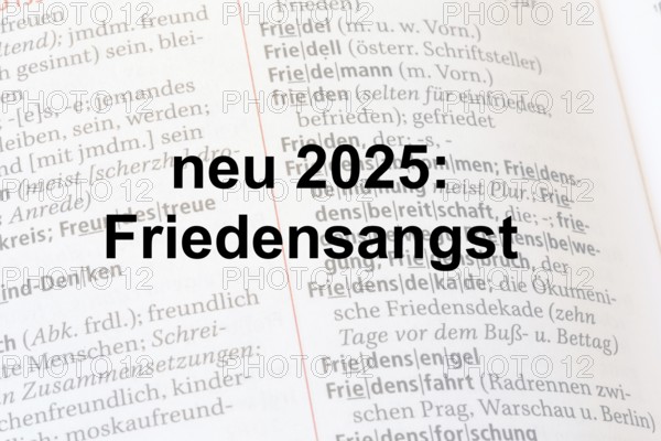 Lettering NEW 2025: FEAR OF PEACE against the background of a duden***The term has recently been used in several articles in connection with US President Donald Trump's peace plan for Ukraine