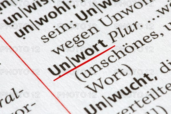 Symbol image of the Word of the Year: Close-up of the term UNWORT (bad word) in the Duden dictionary