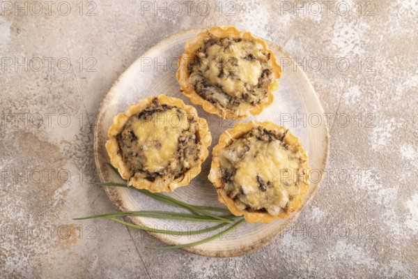 Tartlets with meat and cheese on brown concrete background. top view, flat lay, copy space