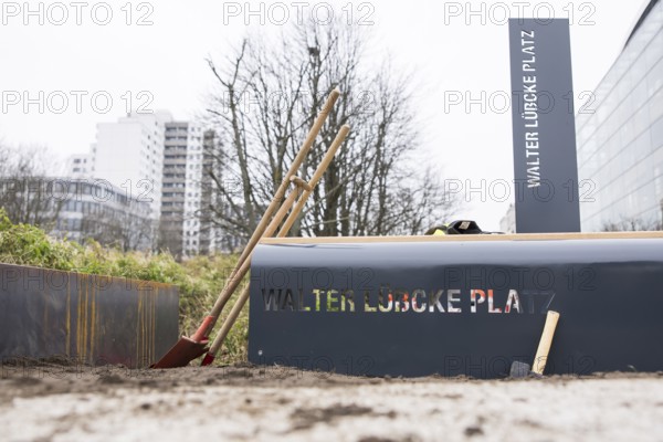 Walter Lübcke Platz in front of the Konrad Adenauer Haus, the party headquarters of the Christian Democratic Union (CDU) on 02.12.2025. The square was erected by the Centre for Political Beauty (ZPS) and approved by the Berlin Mitte district authority for two years. Walter Lübcke was a member of the Hessian state parliament for the CDU and was murdered by an AfD supporter on 2 June 2019