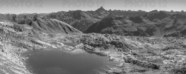 Mountain panorama over Laufbichlsee, behind it the Hochvogel, 2592m, Allgäu Alps, Allgäu, Bavaria, Germany