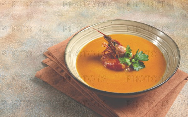 Shrimp cream soup, bisque soup, French cuisine, homemade, no people