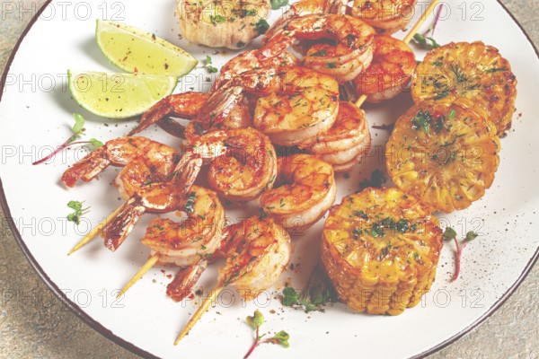 Tiger prawns on skewers, shrimp kebab, with corn, fried, homemade, no people