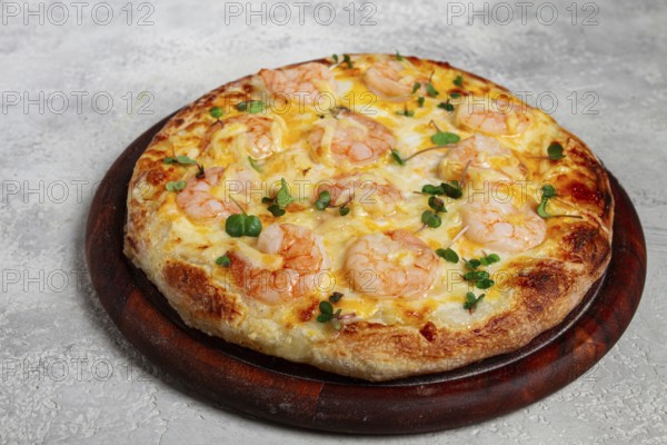 Four cheese pizza with shrimp and fresh microgreens, served on a wooden board, homemade, no people
