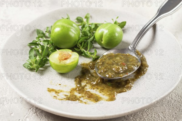 A spoon with tkemali sauce, on a plate, with cherry plum and mint, top view, no people