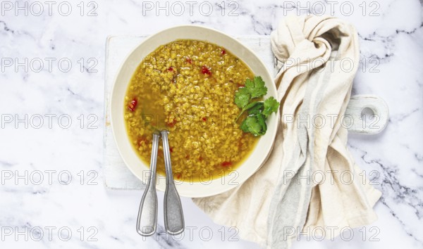 A bowl filled with hearty lentil soup sits on a marble surface, garnished with fresh herbs. A cloth napkin is placed nearby, perfect for enjoying a cozy meal at home