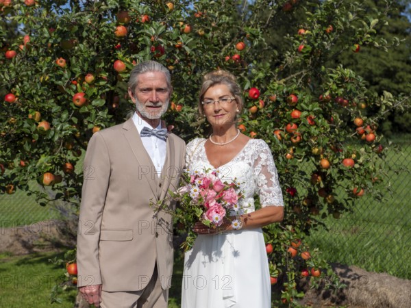 Elderly couple's wedding, look in front of a tree with lots of red apples