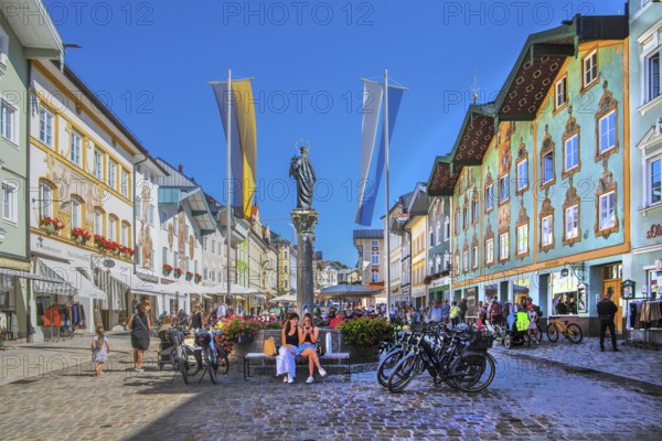Historic market street with typical gabled houses, Bad Tölz. Isartal, Upper Bavaria, Bavaria, Germany