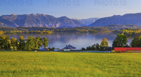Panorama of Staffelsee with Estergebirge and Wetterstein Mountains, Uffing am Staffelsee, The Blue Land, Upper Bavaria, Bavaria, Germany