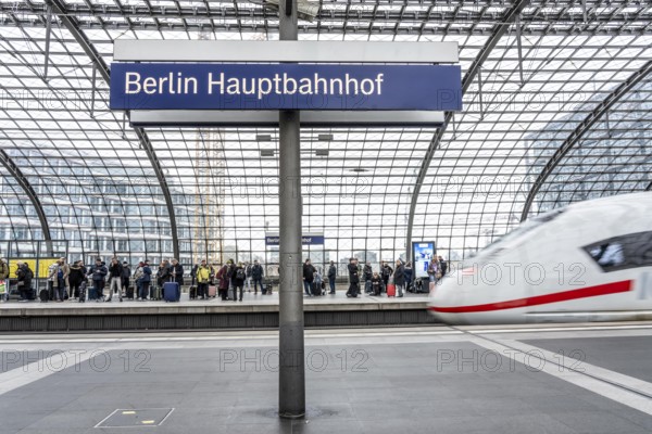 Central Station in Berlin, passengers on the platform, ICE train arrives, Germany