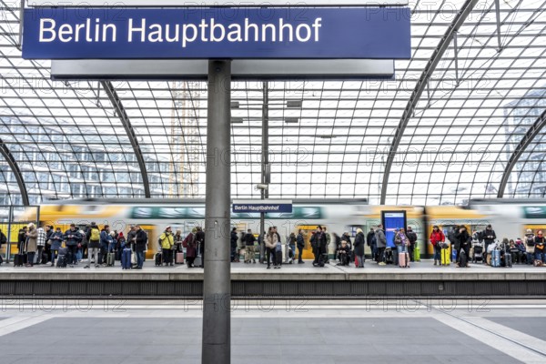 Central Station in Berlin, passengers on the platform, train arrives, Germany