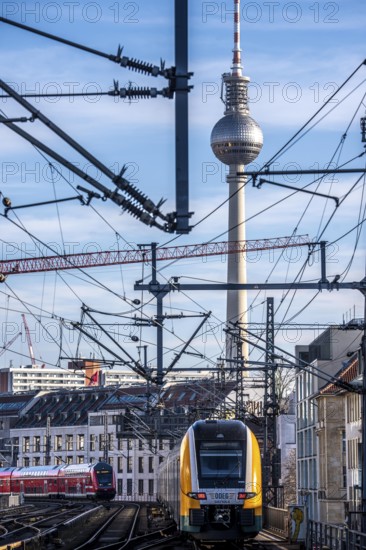 Railway line in Berlin, east of Friedrichstraße station, looking east, Berlin TV Tower, ODEG Zug on the line