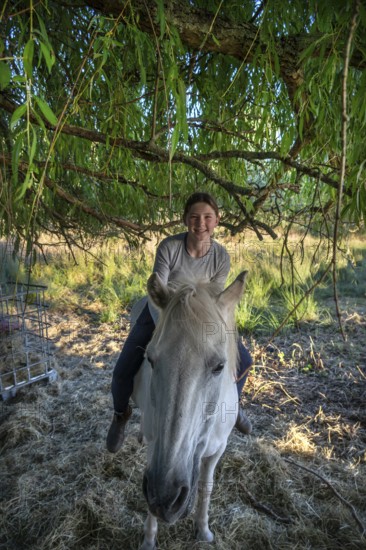 Young girl sitting on her horse under a tree, Othenstorf, Mecklenburg-Western Pomerania, Germany