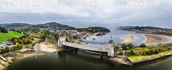 Conwy Castle over River Convy from a drone, Convy, North Wales, England, United Kingdom