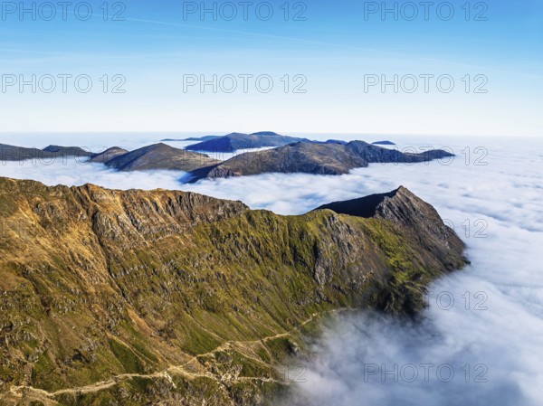 Snowdon Massif from a drone, Snowdon Range, Snowdonia, North Wales, UK