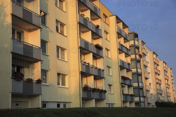Rental apartments of the Weimar housing cooperative, prefabricated building, balconies, renovated, living space, Mecklenburg-Western Pomerania, Germany